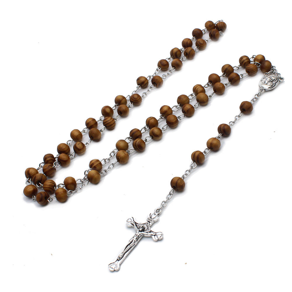 Catholic Wooden Beads Rosary Necklace Virgin Mary Cross Long Religious Necklace