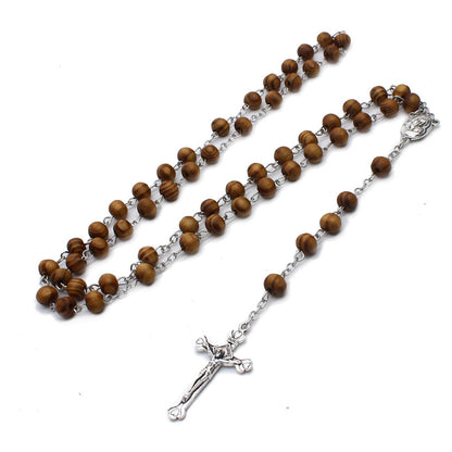 Catholic Wooden Beads Rosary Necklace Virgin Mary Cross Long Religious Necklace