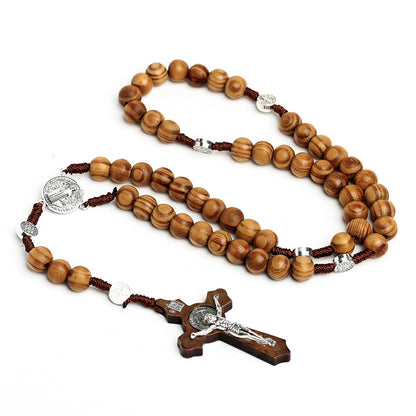 Natural Wood Rosary Necklace Handcrafted Pine Cross