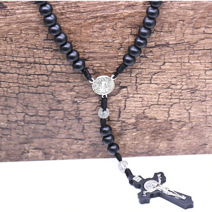 Rosary Necklace Hand-woven Wooden Bead Cross