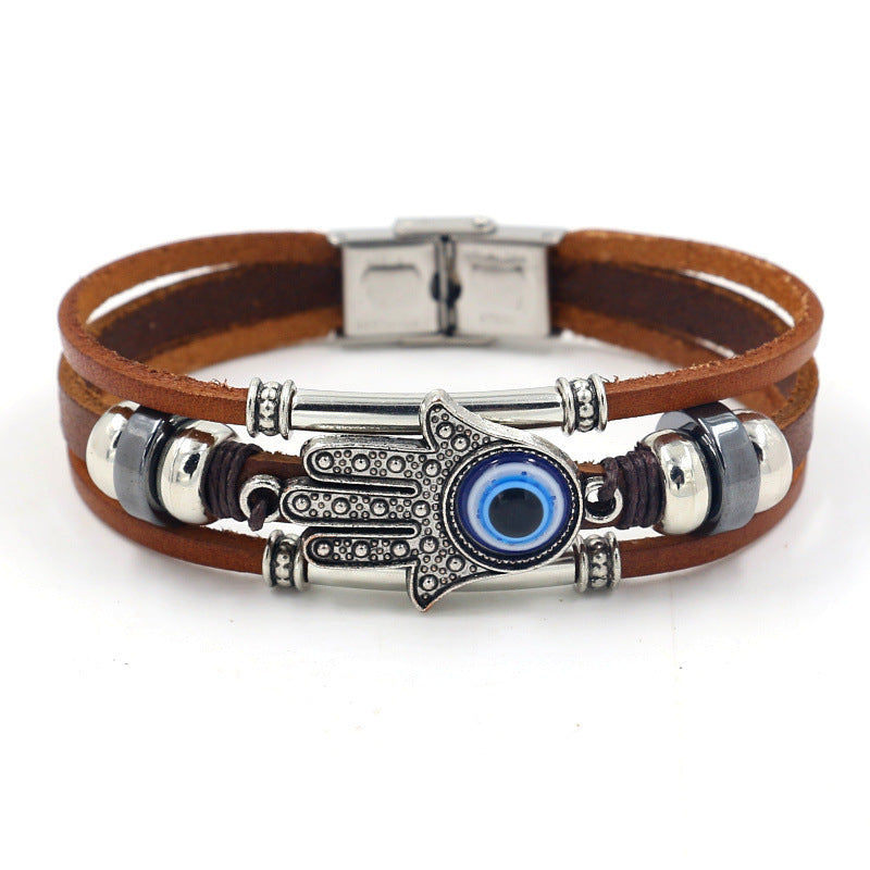 Stainless steel buckle leather bracelet