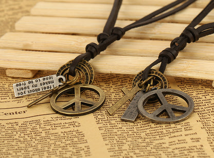 Peace Sign Cowhide Necklace Vintage Leather