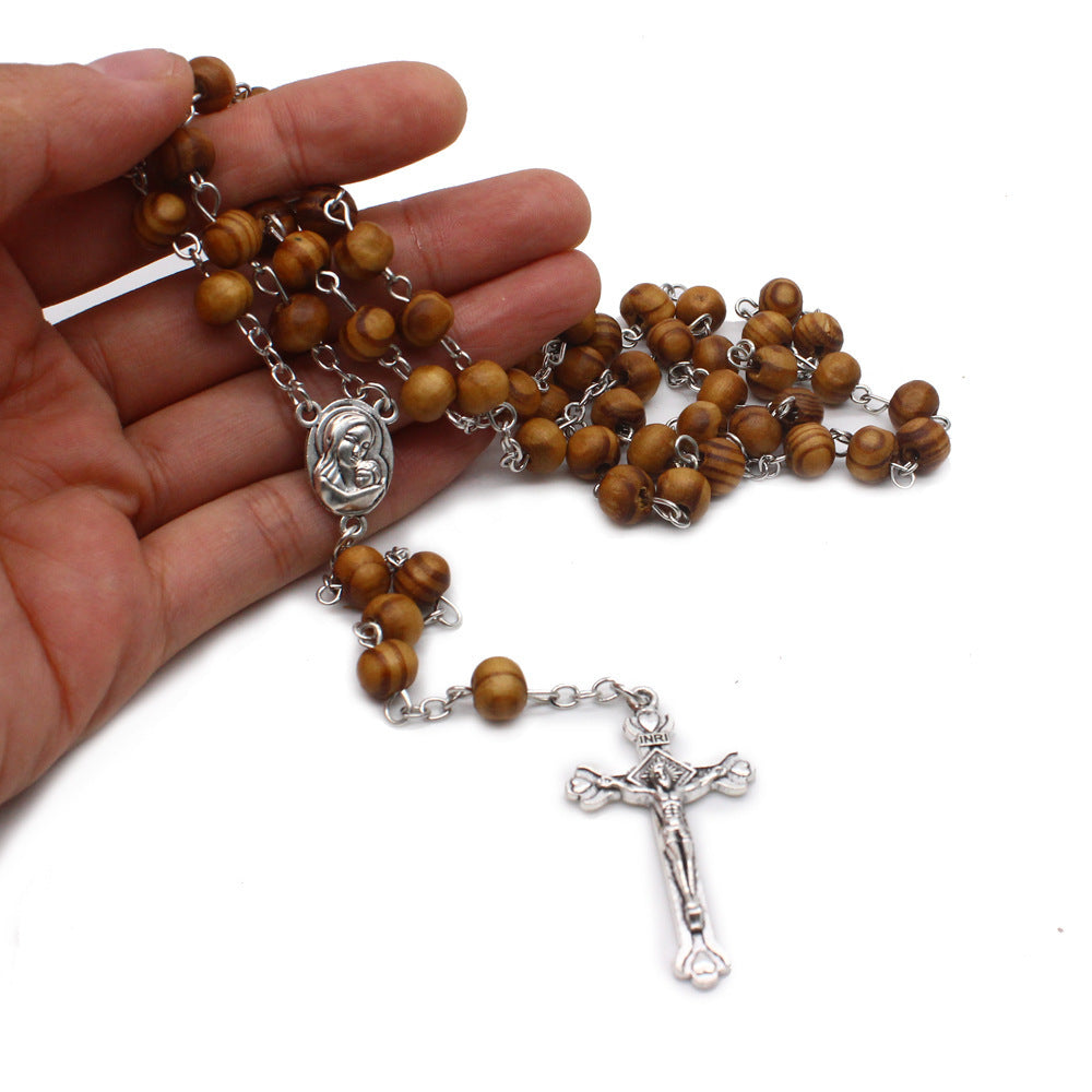 Catholic Wooden Beads Rosary Necklace Virgin Mary Cross Long Religious Necklace