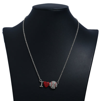 Sports Diamond Red Heart I Love Baseball Pendant Necklace