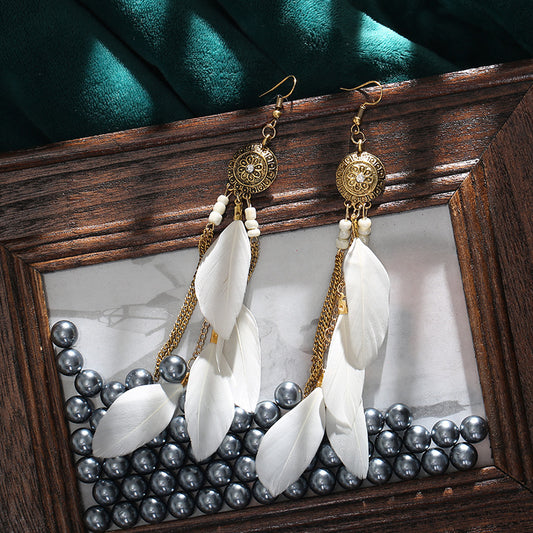 Vintage Chain Tassel Bohemian Feather Long Earrings