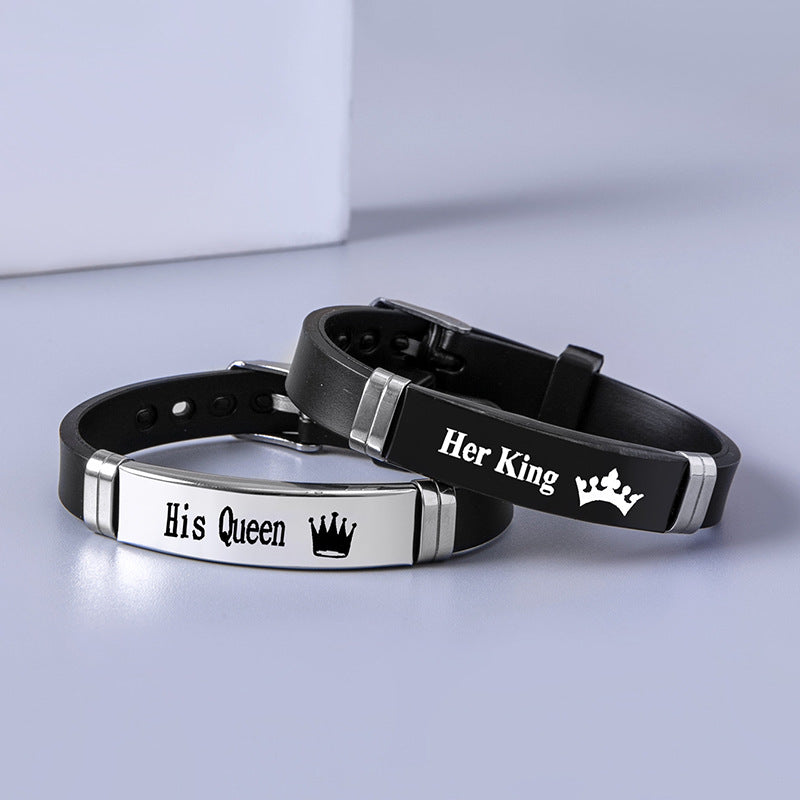 Couple Romantic Crown Stainless Steel Silicone Bracelet Black Steel Bracelet