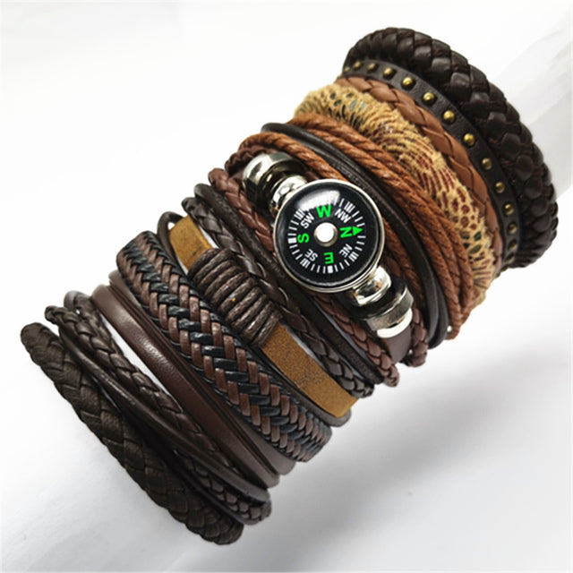 Leather Fashion Bracelets 10pcs Set Wrap Woven Fashion Handmade Men