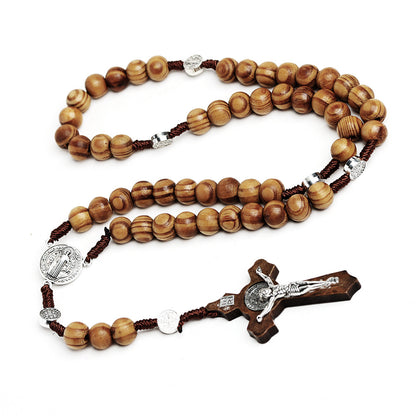 Natural Wood Rosary Necklace Handcrafted Pine Cross