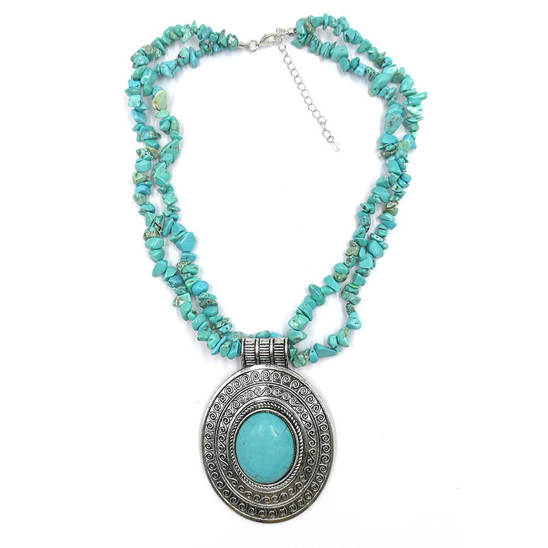 Turquoise Gravel Necklace European And American Vintage Antique Silver Necklace