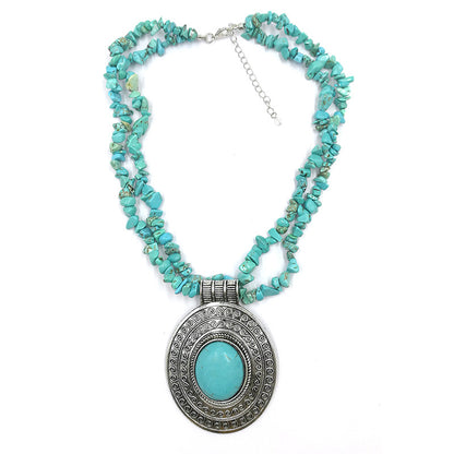 Turquoise Gravel Necklace European And American Vintage Antique Silver Necklace