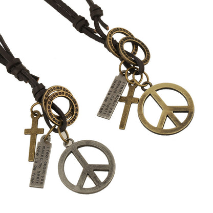 Peace Sign Cowhide Necklace Vintage Leather