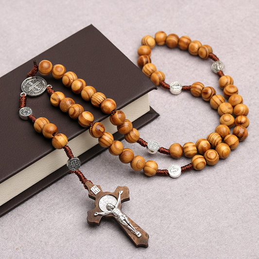 Natural Wood Rosary Necklace Handcrafted Pine Cross