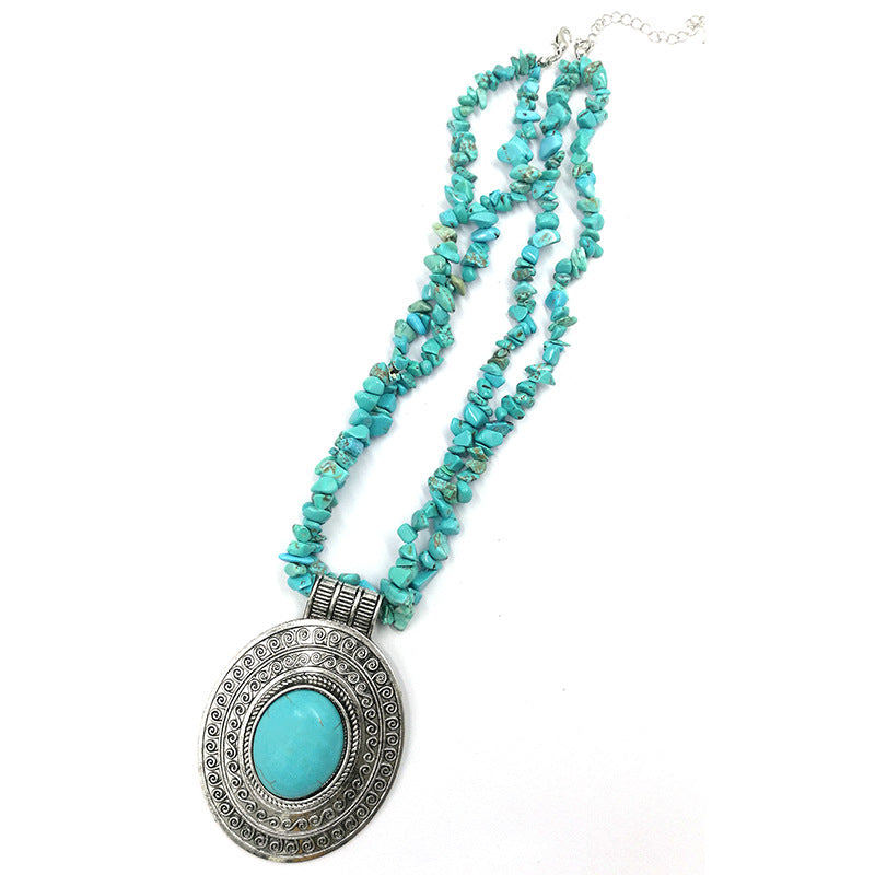 Turquoise Gravel Necklace European And American Vintage Antique Silver Necklace