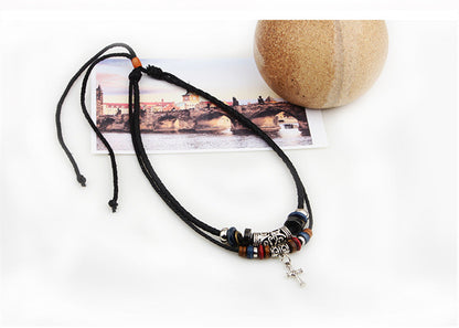 Braided Leather Rope Vintage Wooden Beads Men's Pendant Necklace