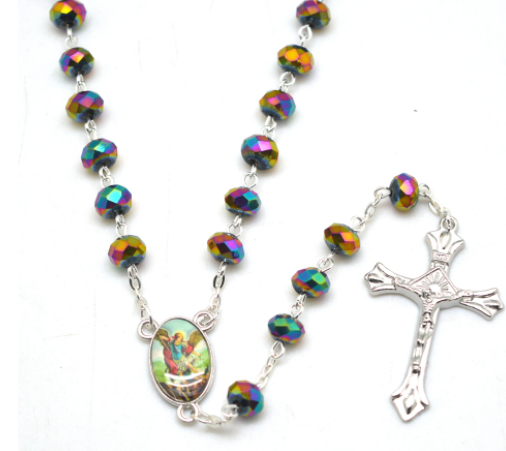 Blue glass virgin mary rosary necklace